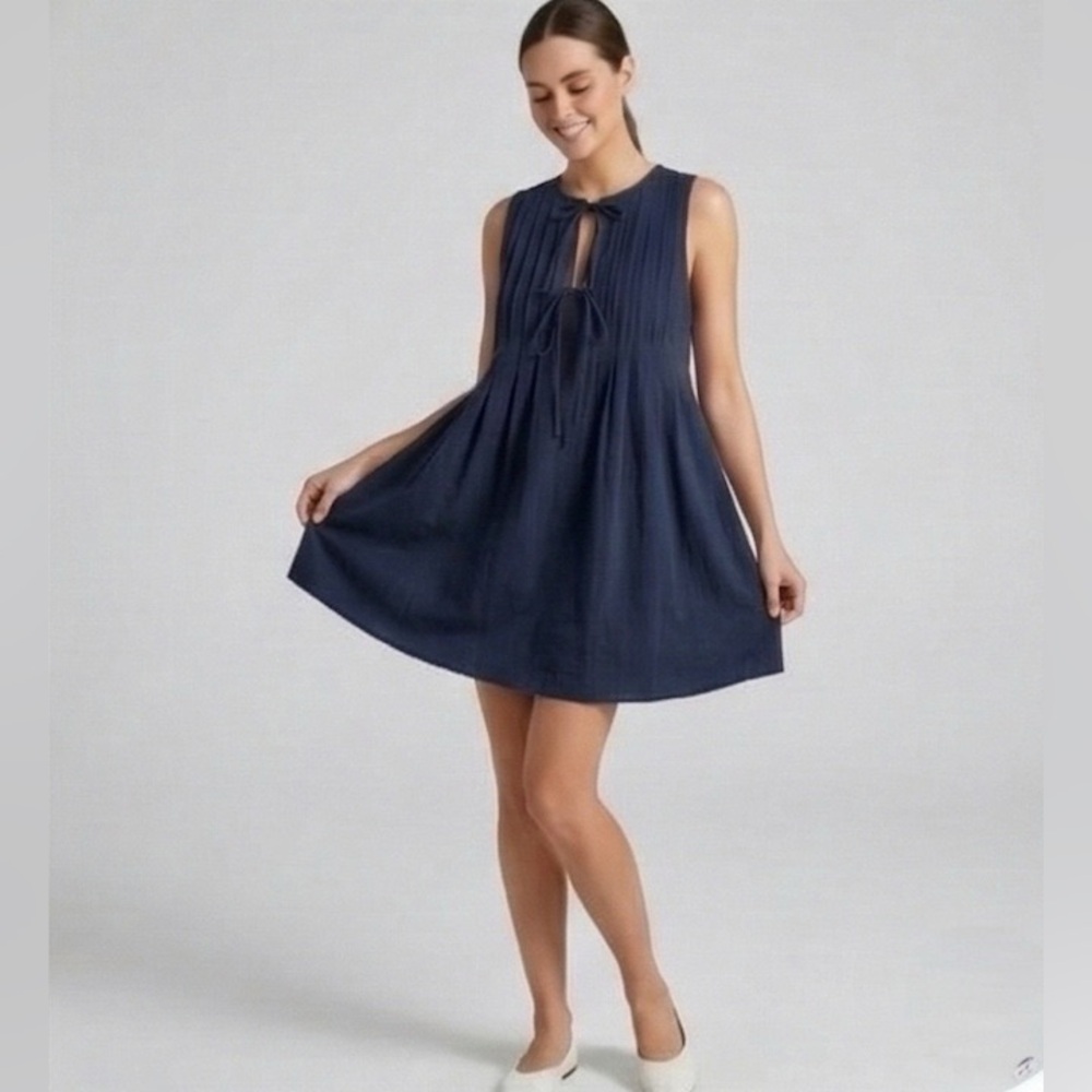 Earthy 100% Cotton Pleated Tie-Front Mini Dress Blue